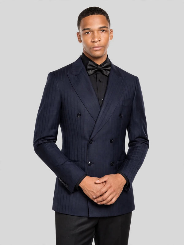 Deep Midnight Navy Pinstripe Six-Button Peak-Lapel Double-Breasted Suit Jacket 06