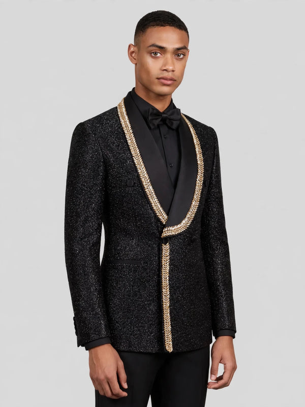 Onyx Gold Laurel-Leaf Crystal Shawl-Collar Double-Breasted Tuxedo Jacket 06