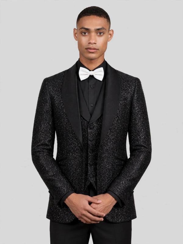 Onyx Glitter-Tweed Satin Shawl-Collar Tuxedo Jacket 05
