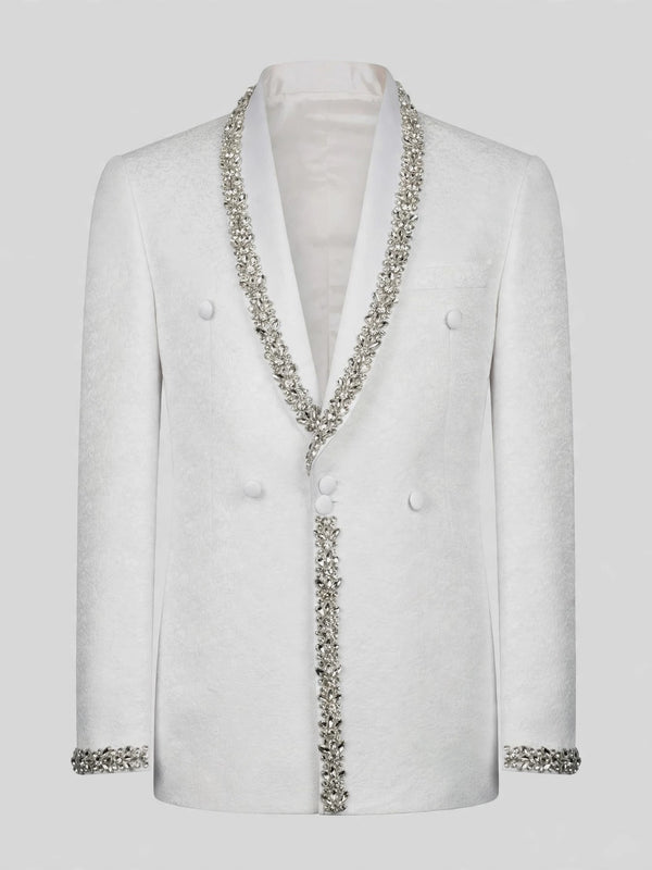 Ivory Silver Crystal-Trim Shawl-Collar Double-Breasted Tuxedo Jacket 07