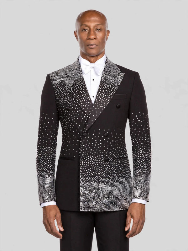 Onyx Silver Crystal-Dot Diagonal Peak-Lapel Double-Breasted Tuxedo Jacket - cover