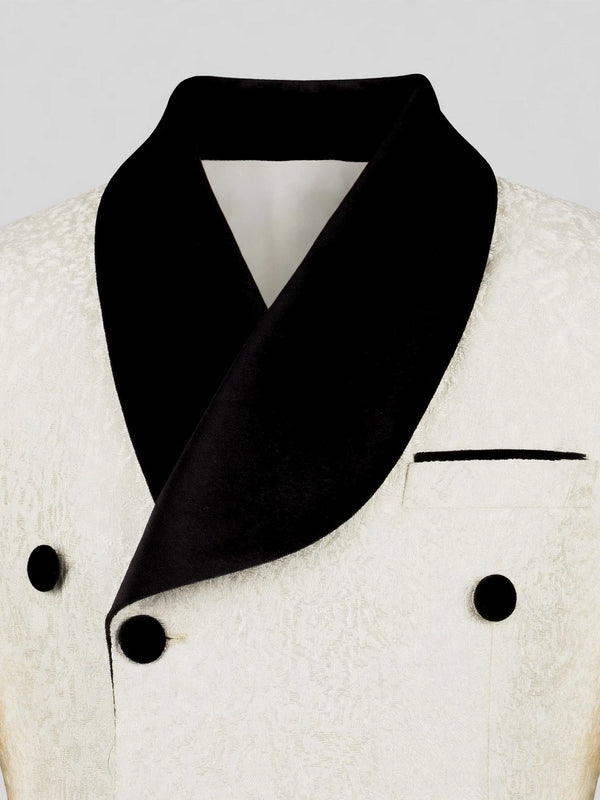 Ivory Grain-Jacquard Black Velvet Shawl-Collar Double-Breasted Tuxedo Jacket 08