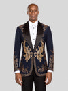 Midnight Navy Gold Crystal Floral Shawl-Collar Tuxedo Jacket - cover