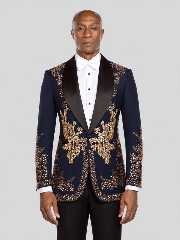 Midnight Navy Gold Crystal Floral Shawl-Collar Tuxedo Jacket - cover