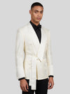 Ivory Cream Micro-Weave Satin Shawl-Collar Belted Double-Breasted Tuxedo Jacket 06
