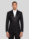Onyx Jet Floral-Grid Asymmetric Shawl-Collar Double-Breasted Tuxedo Jacket 01