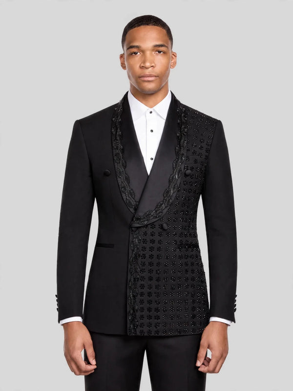 Onyx Jet Floral-Grid Asymmetric Shawl-Collar Double-Breasted Tuxedo Jacket 01