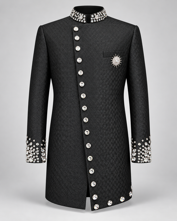 Don Morphy Black Jacquard Crystal Bandhgala Coat