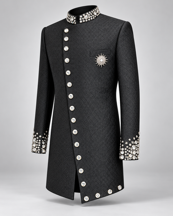 Don Morphy Black Jacquard Crystal Bandhgala Coat
