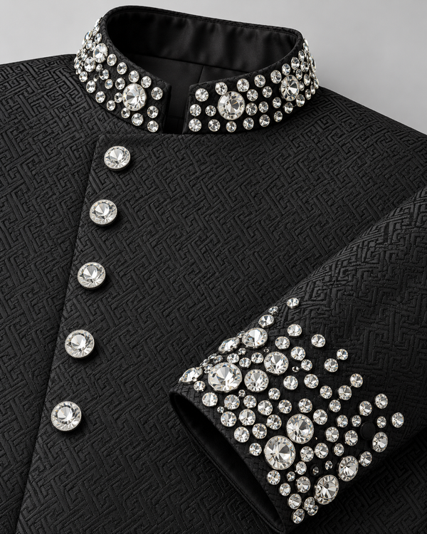 Don Morphy Black Jacquard Crystal Bandhgala Coat