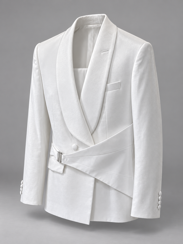 Don Morphy White Asymmetric Sash Tuxedo Jacket and Pants