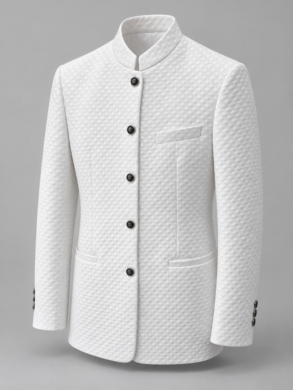 Don Morphy White Textured Mandarin Collar Jacket and Pants