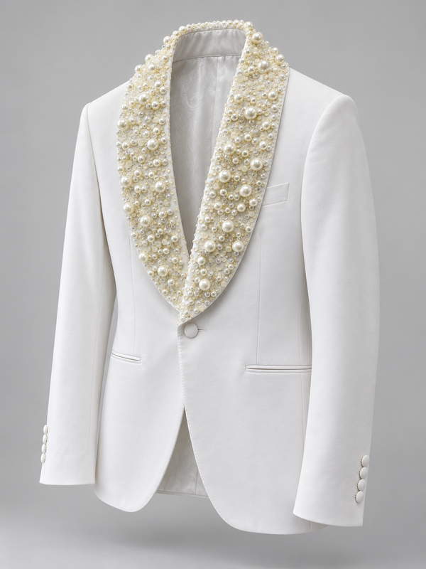 Don Morphy White Pearl Embellished Tuxedo Jacket