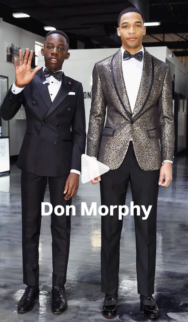 Two men in tuxedo and patterned blazer with bow ties, Don Morphy branding