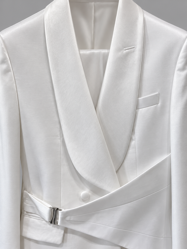 Don Morphy White Asymmetric Sash Tuxedo Jacket and Pants