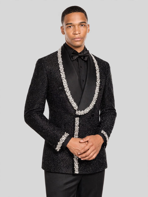 Onyx Silver Crystal-Trim Shawl-Collar Double-Breasted Tuxedo Jacket 06