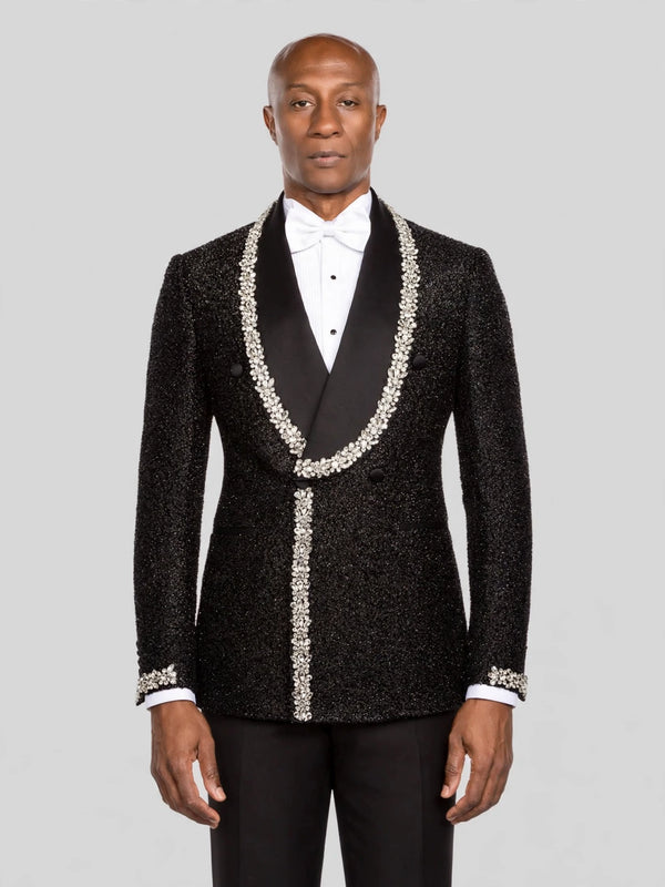 Onyx Silver Crystal-Trim Shawl-Collar Double-Breasted Tuxedo Jacket - cover