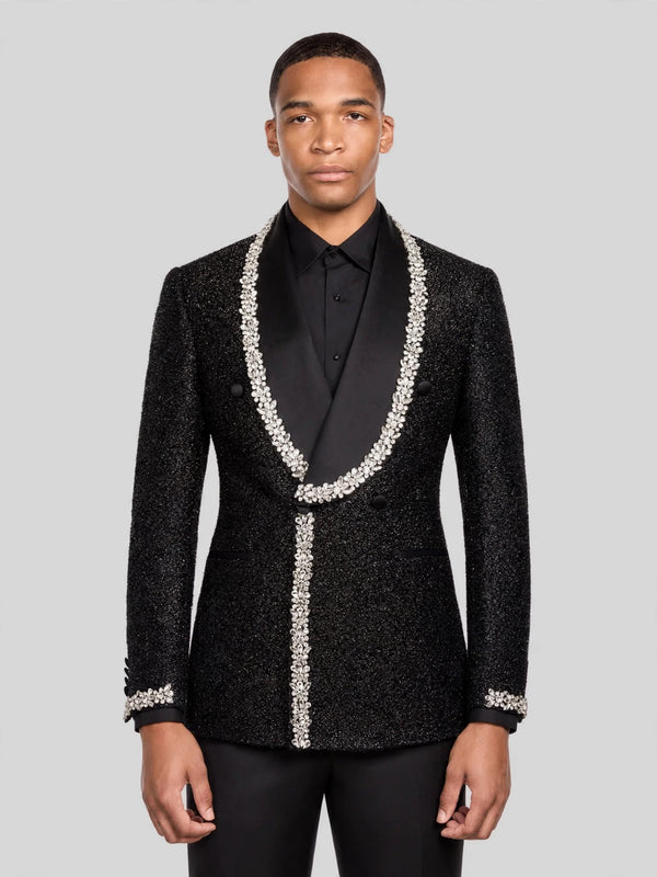Onyx Silver Crystal-Trim Shawl-Collar Double-Breasted Tuxedo Jacket 04