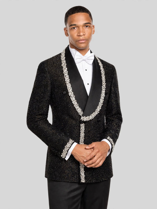 Onyx Silver Crystal-Trim Shawl-Collar Double-Breasted Tuxedo Jacket 03