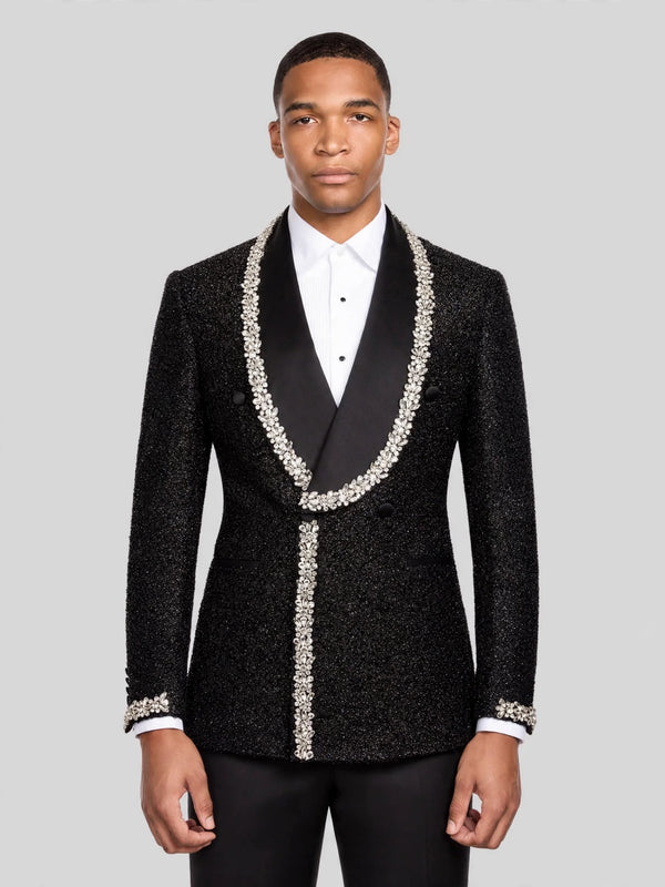 Onyx Silver Crystal-Trim Shawl-Collar Double-Breasted Tuxedo Jacket 01