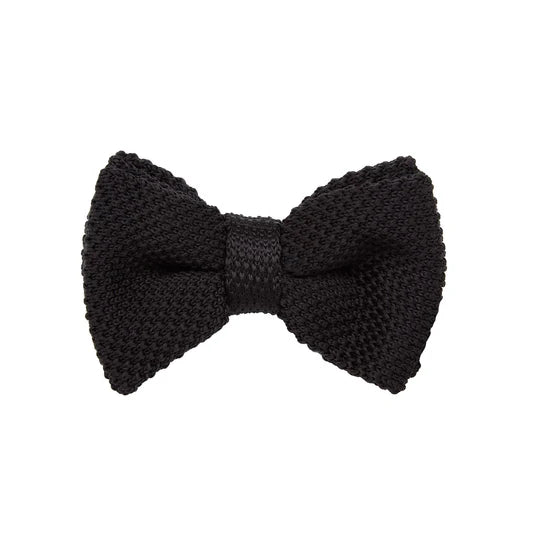 Textured black knitted bow tie displayed on simple white background